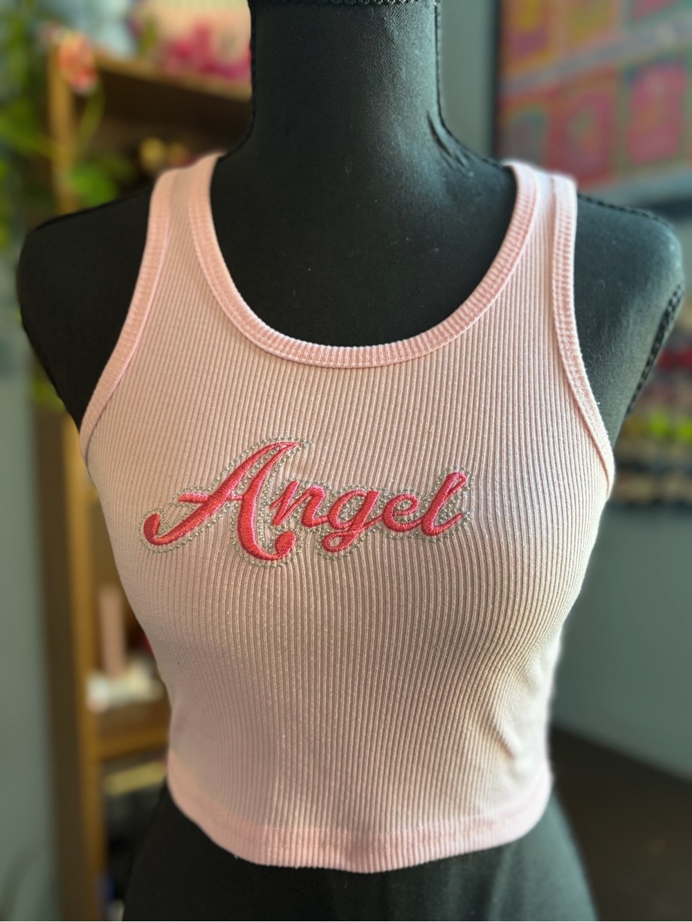 Pink Ribbed 'Angel' Crop Tank Top - Picture 2 of 6